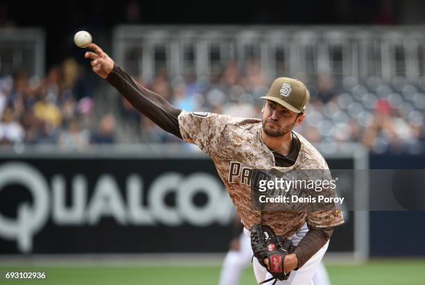 Jarred Cosart of the San Diego Padres pitches during the first inning of a baseball game against the Colorado Rockies at PETCO Park on June 4, 2017...
