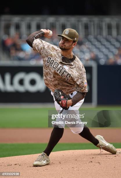 Jarred Cosart of the San Diego Padres pitches during the first inning of a baseball game against the Colorado Rockies at PETCO Park on June 4, 2017...