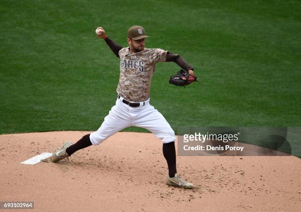 Jarred Cosart of the San Diego Padres plays during a baseball game against the Colorado Rockies at PETCO Park on June 4, 2017 in San Diego,...