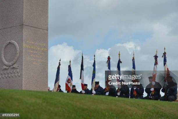 The French flag bearers during the International Commemorative Ceremony of the Allied Landing in Normandy in the presence of the US Army veterans and...