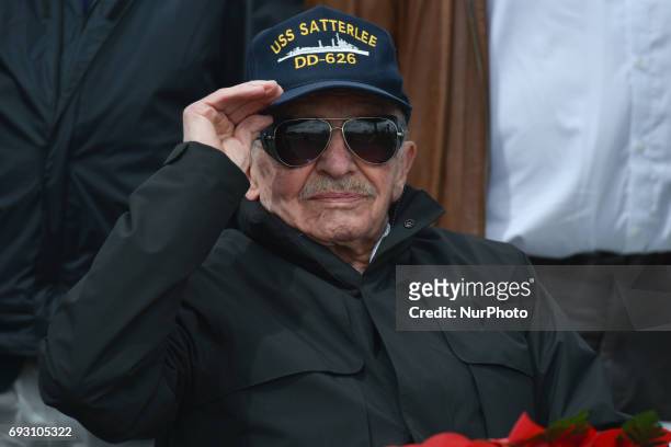 One of the few Normandy 1944 Veterans still alive during an US National Anthem, at the International Commemorative Ceremony of the Allied Landing in...