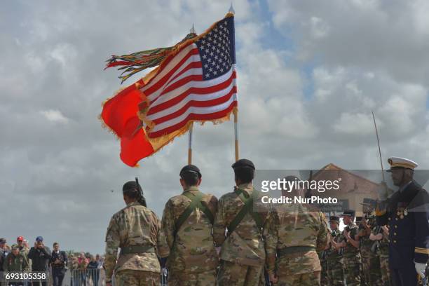 The US Army flag bearers during the International Commemorative Ceremony of the Allied Landing in Normandy in the presence of the US Army veterans...