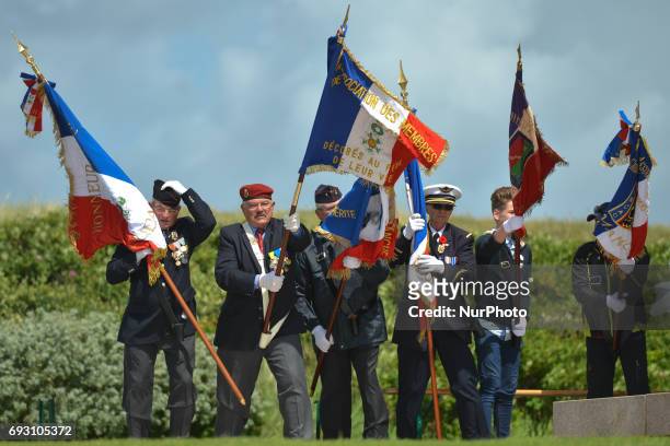 The French flag bearers during the International Commemorative Ceremony of the Allied Landing in Normandy in the presence of the US Army veterans and...