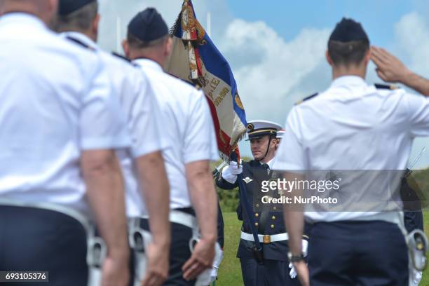 The French Army flag bearers during the International Commemorative Ceremony of the Allied Landing in Normandy in the presence of the US Army...