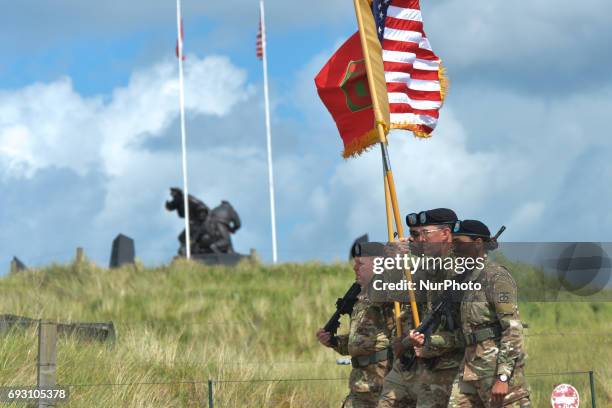 The US Army flag bearers during the International Commemorative Ceremony of the Allied Landing in Normandy in the presence of the US Army veterans...