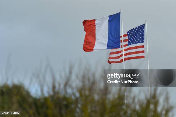 French and US flags during the International Commemorative Ceremony of the Allied Landing in Normandy in the presence of the US Army veterans and...