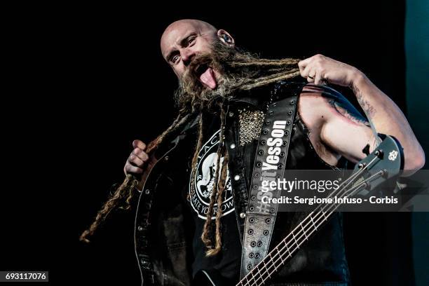 Chris Kael of American heavy metal band Five Finger Death Punch performs on stage at Alcatraz on June 6, 2017 in Milan, Italy.