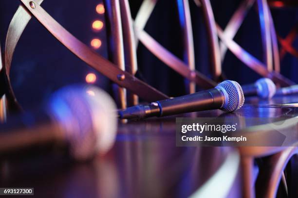 Microphones on chairs before the panel during the "Search Party" FYC event at The McKittrick Hotel on June 6, 2017 in New York City. 27010_002
