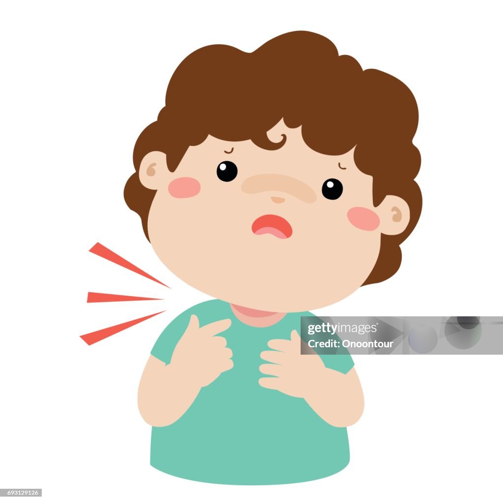 Sick boy sore throat cartoon vector.