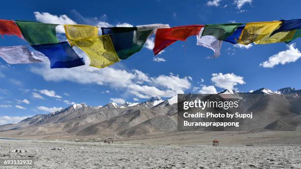 snow capped mountain with prayer flag at pangong lake in leh ladakh, north india. beautiful mountain range near pangong lake and a clearly sky - omani flag stock pictures, royalty-free photos & images