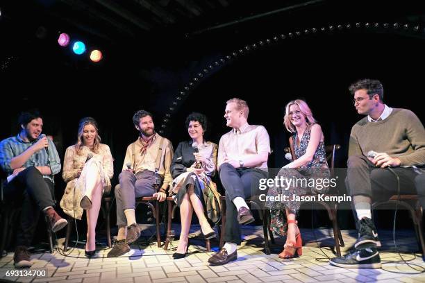 Tom Philip, Sarah-Violet Bliss, Charles Rogers, Alia Shawkat, John Early, Meredith Hagner, and John Reynolds speak onstage during the "Search Party"...