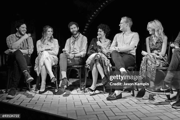Tom Philip, Sarah-Violet Bliss, Charles Rogers, Alia Shawkat, John Early, and Meredith Hagner speak onstage during the "Search Party" FYC event at...
