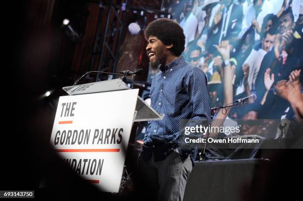 Photographer Devin Allen speaks onstage during the Gordon Parks Foundation Awards Dinner & Auction at Cipriani 42nd Street on June 6, 2017 in New...