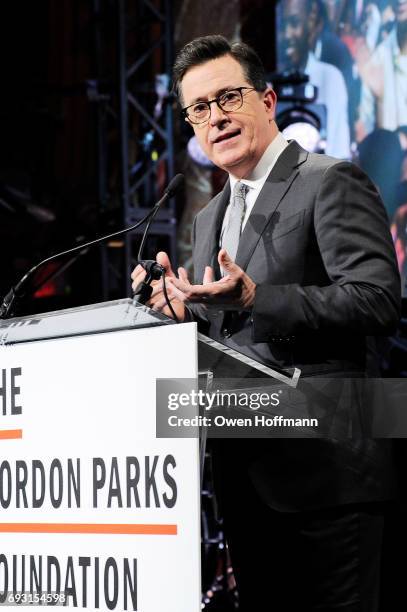 Comedian Stephen Colbert speaks onstage during the Gordon Parks Foundation Awards Dinner & Auction at Cipriani 42nd Street on June 6, 2017 in New...