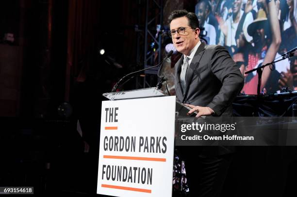 Comedian Stephen Colbert speaks onstage during the Gordon Parks Foundation Awards Dinner & Auction at Cipriani 42nd Street on June 6, 2017 in New...