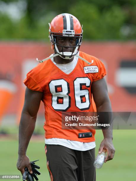 Tight end Randall Telfer of the Cleveland Browns walks off the field after an OTA practice on June 6, 2017 at the Cleveland Browns training facility...