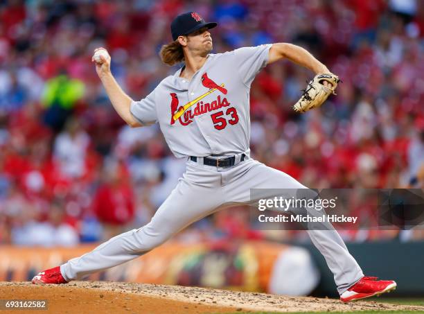 John Gant of the St. Louis Cardinals pitches in relief during the fourth inning against the Cincinnati Reds at Great American Ball Park on June 6,...