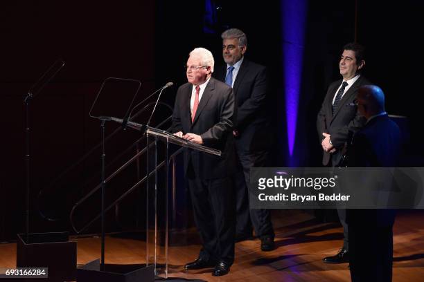 Jose Placido Domingo, Marc Stern and Alvaro Maurizio Domingo speak onstage at Lincoln Center Hall Of Fame Gala at the Alice Tully Hall on June 6,...