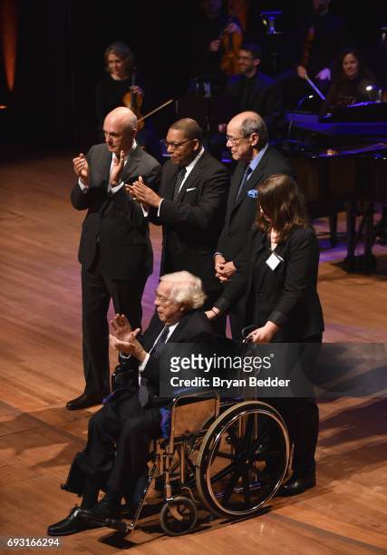 Gregory Mosher, Wynton Marsalis, Gordon Davis and Charles Wadsworth appear onstage during Lincoln Center Hall Of Fame Gala at the Alice Tully Hall on...