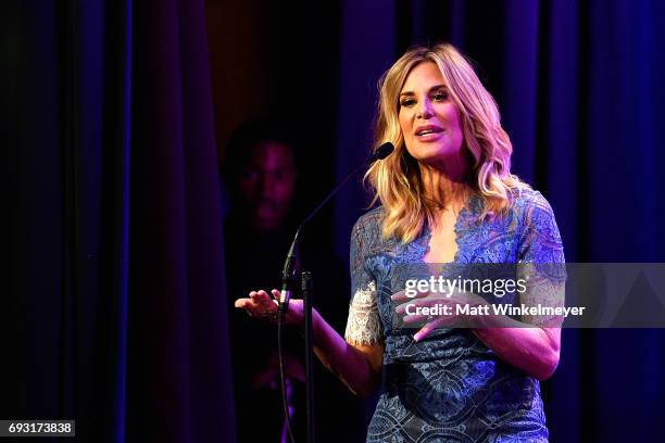Radio personality Ellen K speaks onstage during the 42nd Annual Gracie Awards, hosted by The Alliance for Women in Media at the Beverly Wilshire...