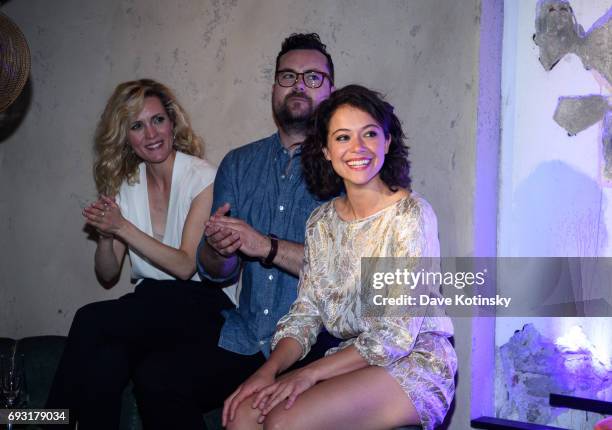 Évelyne Brochu and Tatiana Maslany attend the BBC AMERICA's "Orphan Black" Premiere Party at Vandal on June 6, 2017 in New York City.