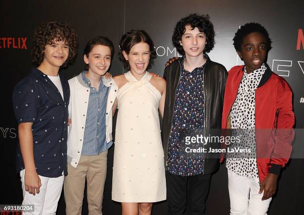 Gaten Matarazzo, Noah Schnapp, Millie Bobby Brown, Finn Wolfhard and Caleb McLaughlin attend the "Stranger Things" FYC event at Netflix FYSee Space...