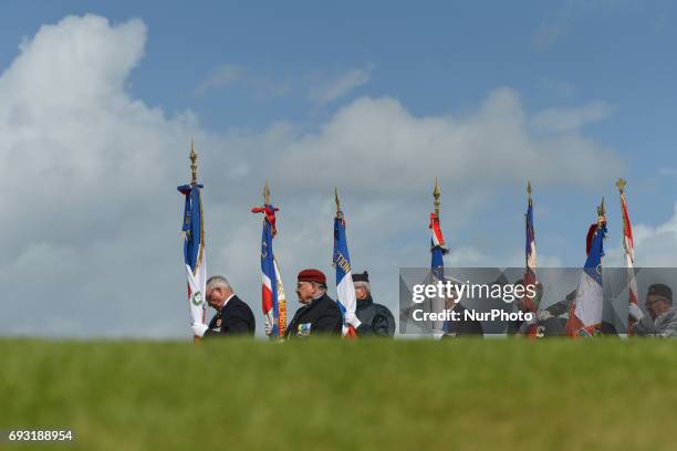 The French flag bearers during the International Commemorative Ceremony of the Allied Landing in Normandy in the presence of the US Army veterans and...