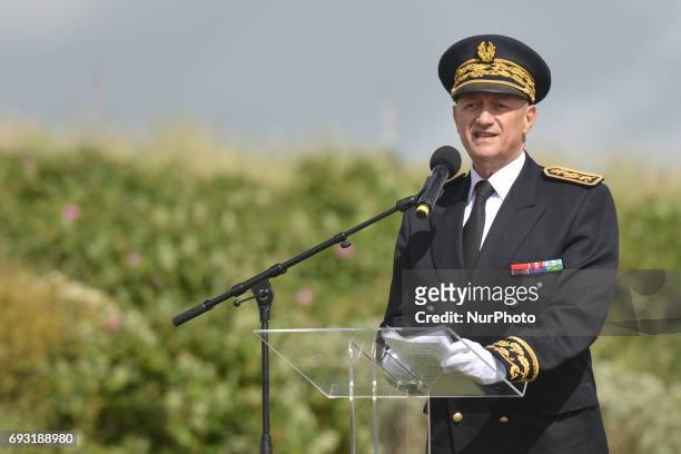 The Prefect of Manche Department, Jean-Marc Sabathe, speaks to the crowd during the International Commemorative Ceremony of the Allied Landing in...