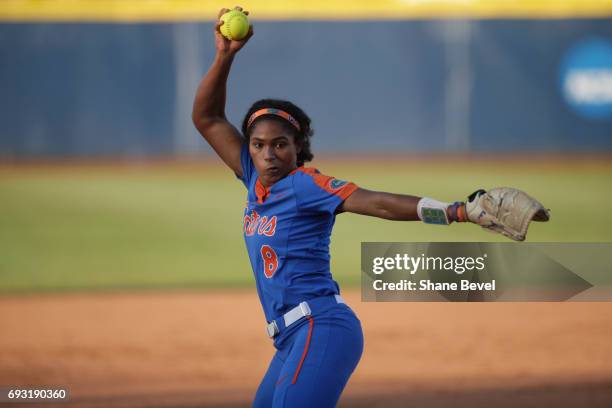 Aleshia Ocasio of the University of Florida winds up a pitch against the University of Oklahoma during Game 2 of the Division I Women's Softball...