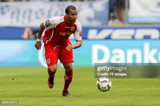 Jann George of Jahn Regensburg controls the ball during the Second Bundesliga Playoff second leg match between TSV 1860 Muenchen and Jahn Regensburg...