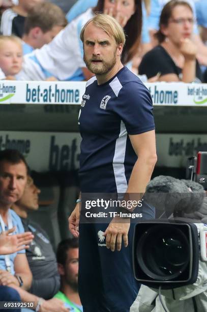 Daniel Bierofka looks on during the Second Bundesliga Playoff second leg match between TSV 1860 Muenchen and Jahn Regensburg at Allianz Arena on May...