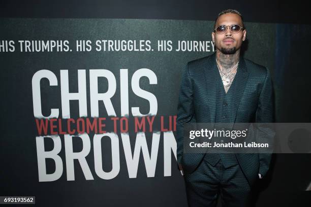 Singer Chris Brown attends the Premiere of Riveting Entertainment's "Chris Brown: Welcome To My Life" at L.A. LIVE on June 6, 2017 in Los Angeles,...