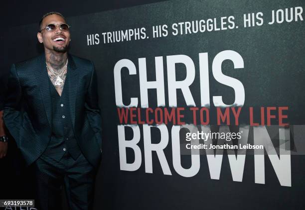 Singer Chris Brown attends the Premiere of Riveting Entertainment's "Chris Brown: Welcome To My Life" at L.A. LIVE on June 6, 2017 in Los Angeles,...