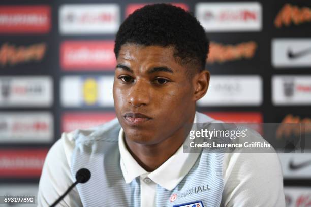 Marcus Rashford of England attends a press conference during England media access at St George's Park on June 6, 2017 in Burton-upon-Trent, England.