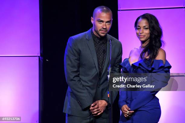 Actors Jesse Williams and Vivian Nixon speak onstage during the 42nd Annual Gracie Awards, hosted by The Alliance for Women in Media at the Beverly...