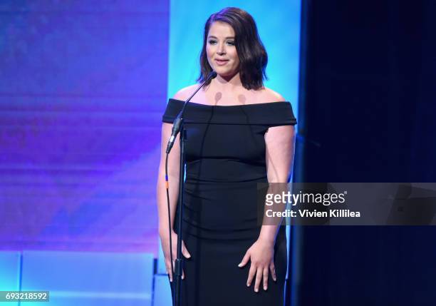 Actor Kether Donohue speaks onstage during the 42nd Annual Gracie Awards, hosted by The Alliance for Women in Media at the Beverly Wilshire Hotel on...
