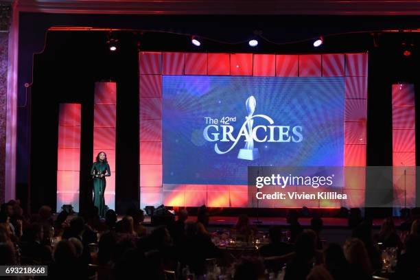 Host Jeannie Mai speaks onstage during the 42nd Annual Gracie Awards, hosted by The Alliance for Women in Media at the Beverly Wilshire Hotel on June...