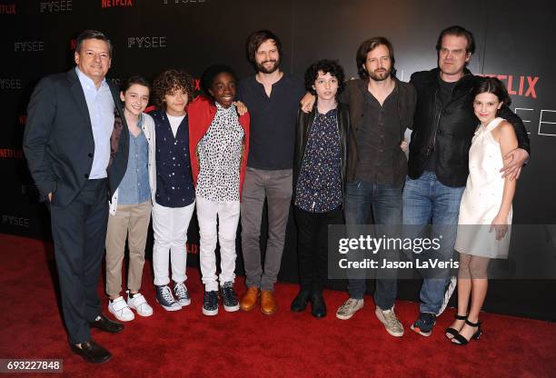 Netflix CCO Ted Sarandos, Noah Schnapp, Gaten Matarazzo, Caleb McLaughlin, writer/producer Matt Duffer, Finn Wolfhard, writer/producer Ross Duffer,...