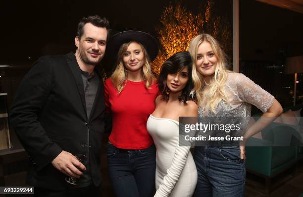 Actors Jim Jefferies, Aly Michalka, Mikaela Hoover and AJ Michalka attend the Comedy Central premiere party for The Jim Jefferies Show on June 6,...