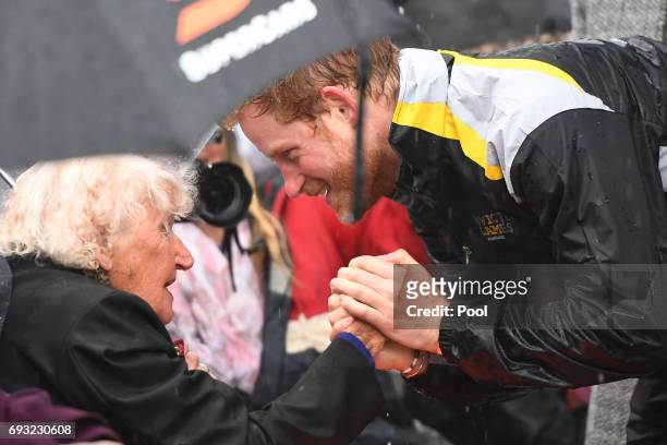 Prince Harry meets with Daphne Dunne at The Rocks on June 7, 2017 in Sydney, Australia. Prince Harry is on a two-day visit to Sydney for the launch...