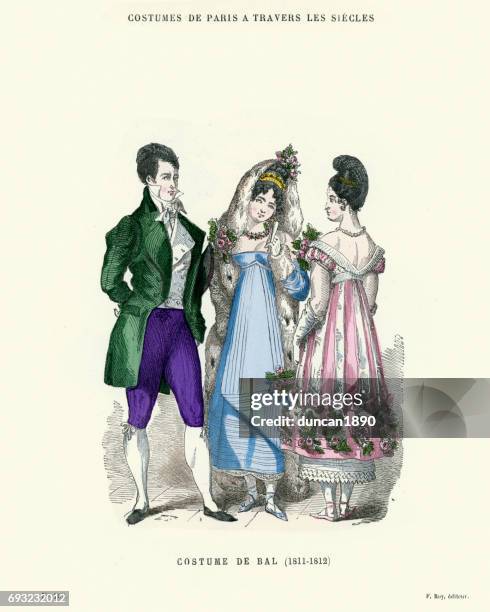 ilustrações, clipart, desenhos animados e ícones de história da moda traje de bal início do século xix - estilo regency