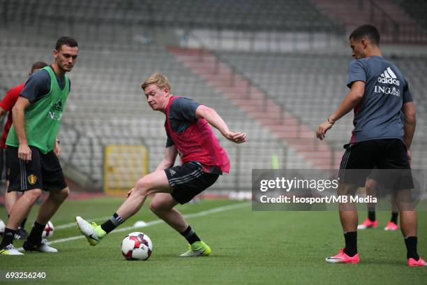 Brussels , Belgium / Training and Family Day Red Devils /"nThomas VERMAELEN - Kevin DE BRUYNE - Eden HAZARD"nPicture Vincent Van Doornick / Isosport