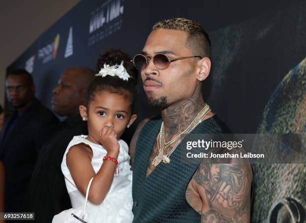 Singer Chris Brown and his daughter Royalty attend the Premiere Of Riveting Entertainment's "Chris Brown: Welcome To My Life" at L.A. LIVE on June 6,...