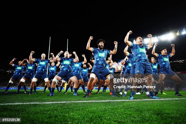 The Blues perform a pre-match haka, He Toa Takitini during the match between the Auckland Blues and the British & Irish Lions at Eden Park on June 7,...