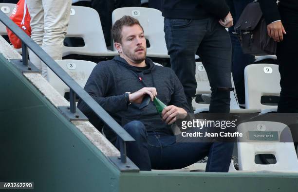 David Lee, NBA player of San Antonio Spurs and boyfriend of Caroline Wozniacki of Denmark attends her match on day 10 of the 2017 French Open, second...
