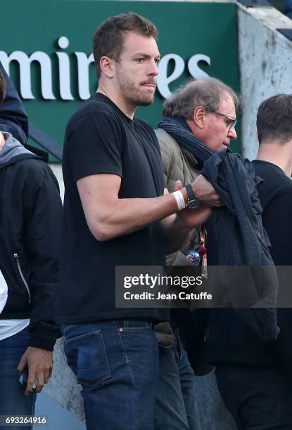 David Lee, NBA player of San Antonio Spurs and boyfriend of Caroline Wozniacki of Denmark attends her match on day 10 of the 2017 French Open, second...