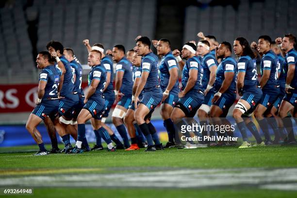 The Blues perform the haka before the match between the Auckland Blues and the British & Irish Lions at Eden Park on June 7, 2017 in Auckland, New...