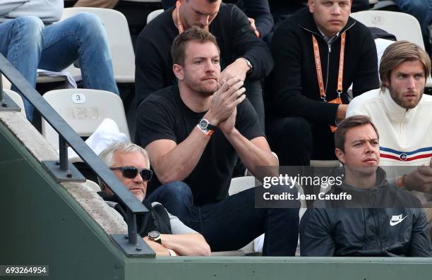 David Lee, NBA player of San Antonio Spurs and boyfriend of Caroline Wozniacki of Denmark attends her match on day 10 of the 2017 French Open, second...