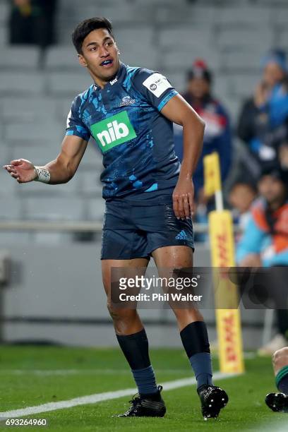 Rieko Ioane of the Blues celebrates his try during the match between the Auckland Blues and the British & Irish Lions at Eden Park on June 7, 2017 in...