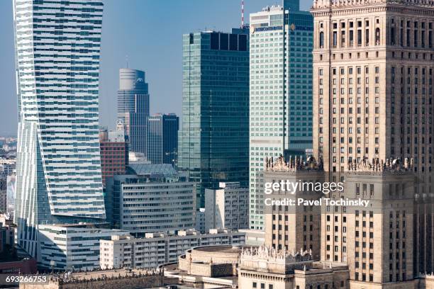 warsaw's core skyscrapers - the modern and the old - warsaw stock pictures, royalty-free photos & images